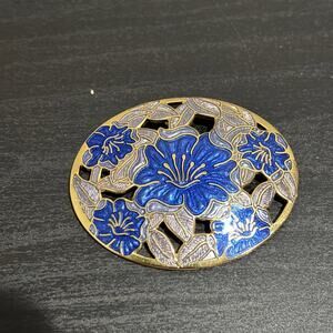 Vintage Cloisonne Fish & Crown Brooch Enamel Blue Gold Tone Blue Flowers Oval